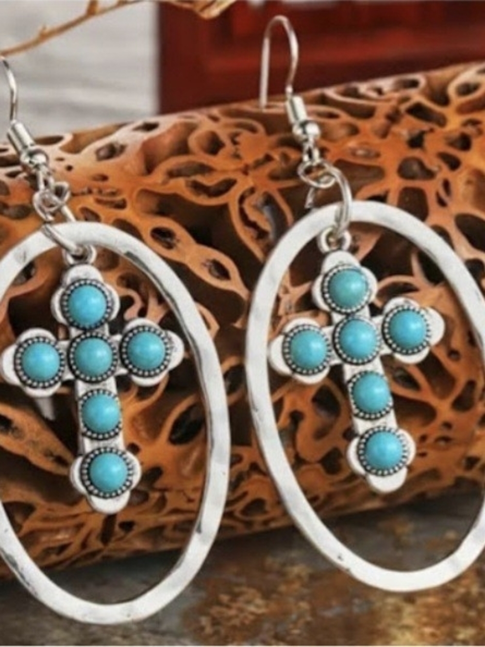 Wrangler Turquoise and Silver Cross Hoop Earrings